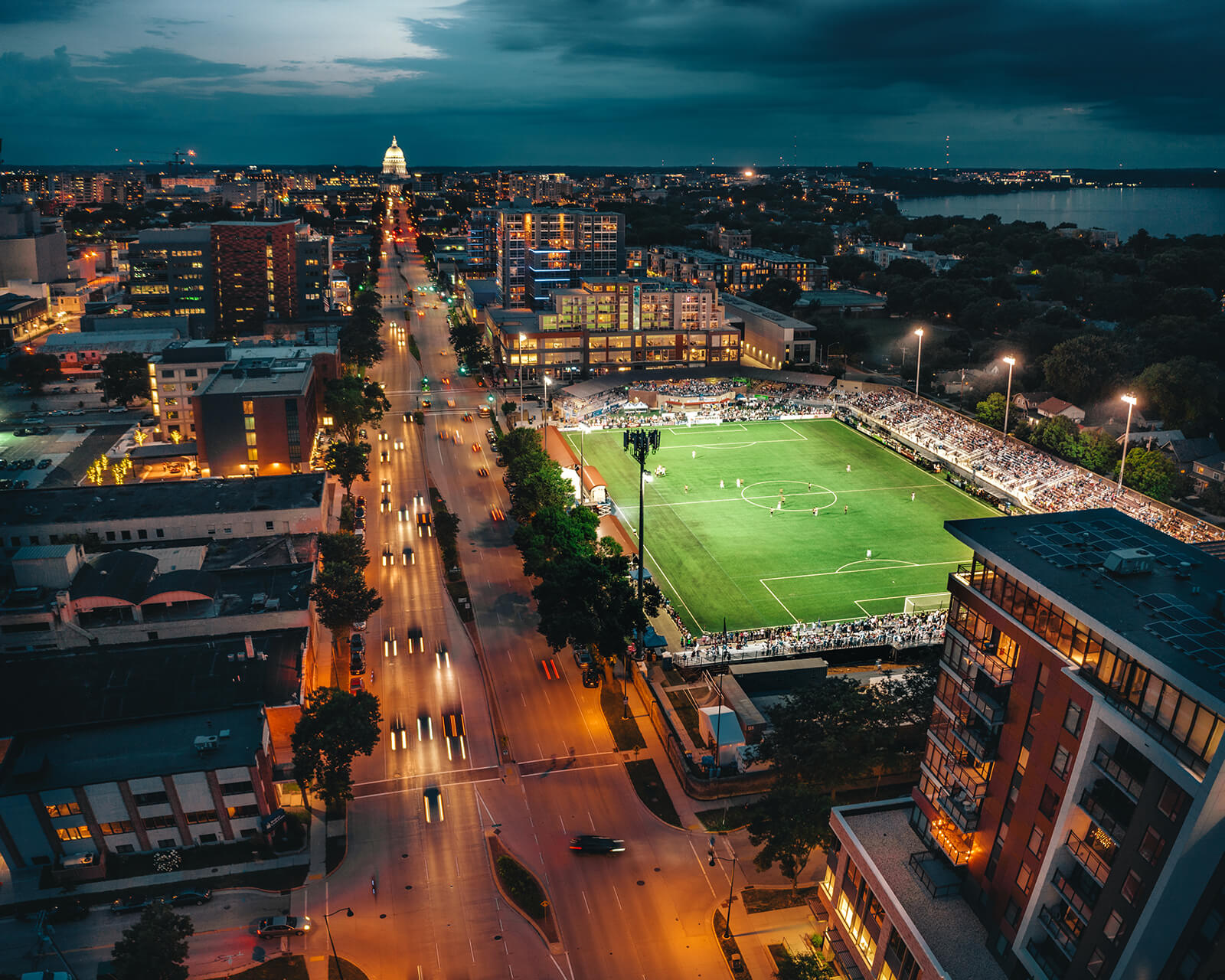 Aerial photo of East Washington Avenue in Madison at night
