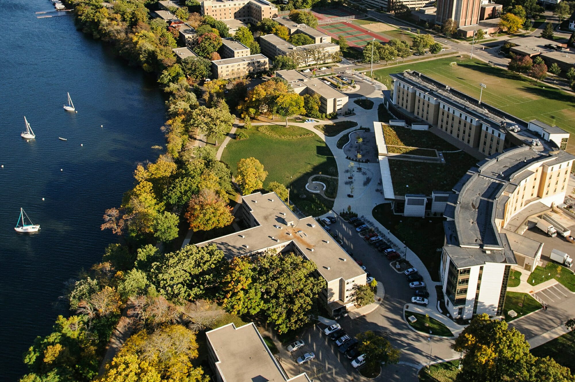 Aerial shot of DeJope Residence Hall along the lakeshore