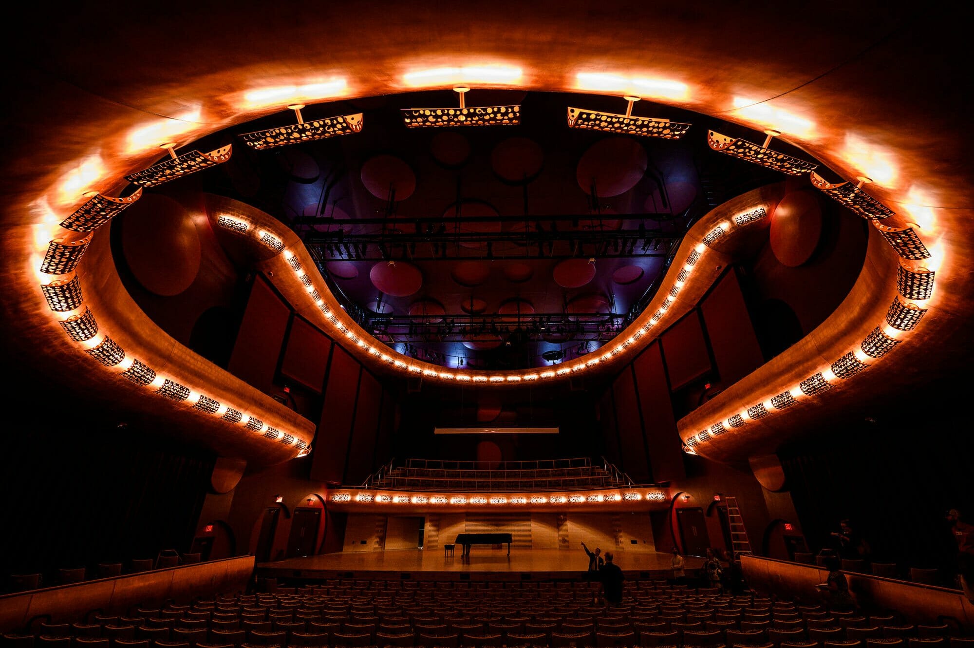 Interior concert hall showing ceiling acoustic features