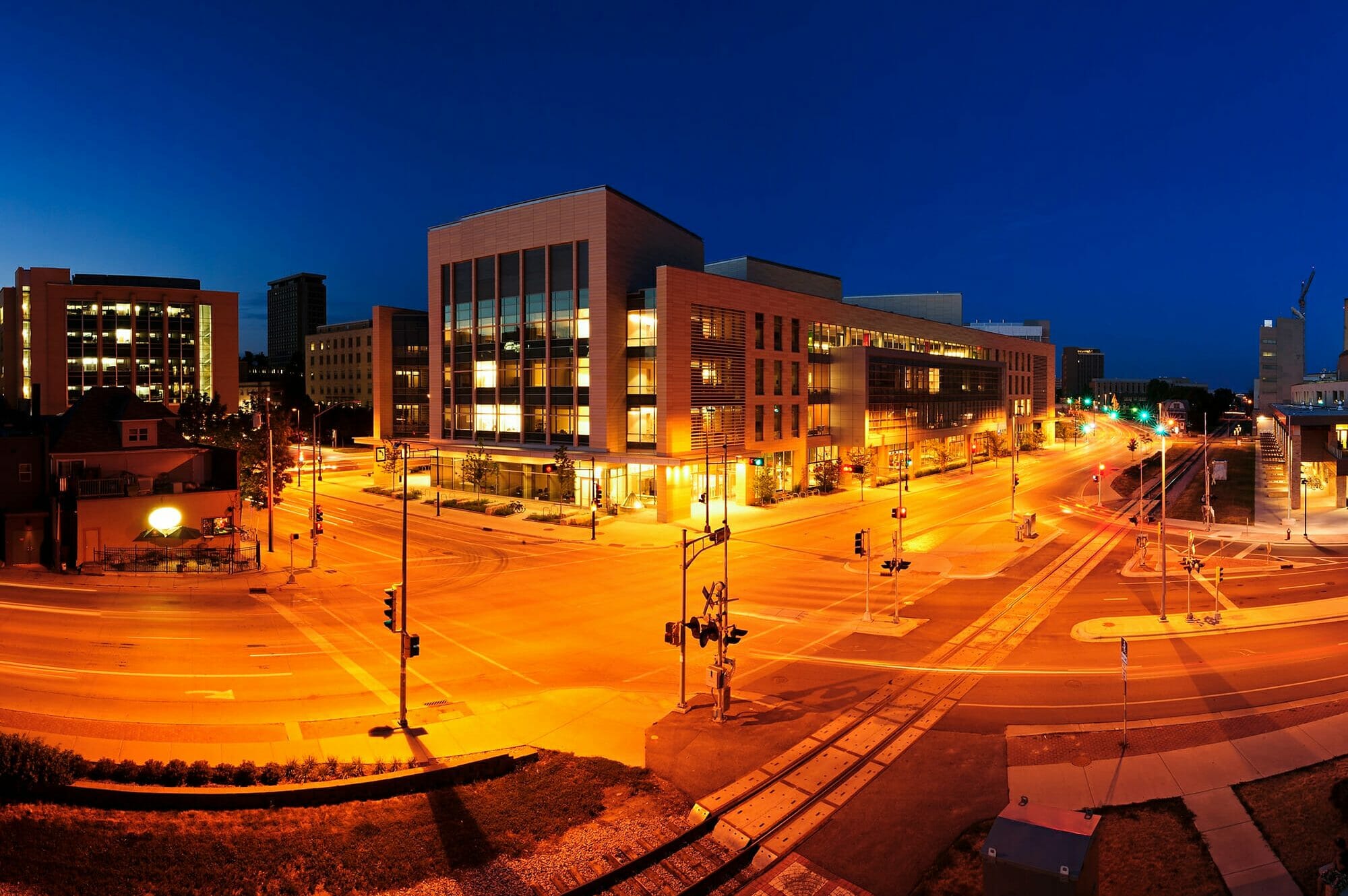 Time lapse photo of the Wisconsin Institute for Discovery at night