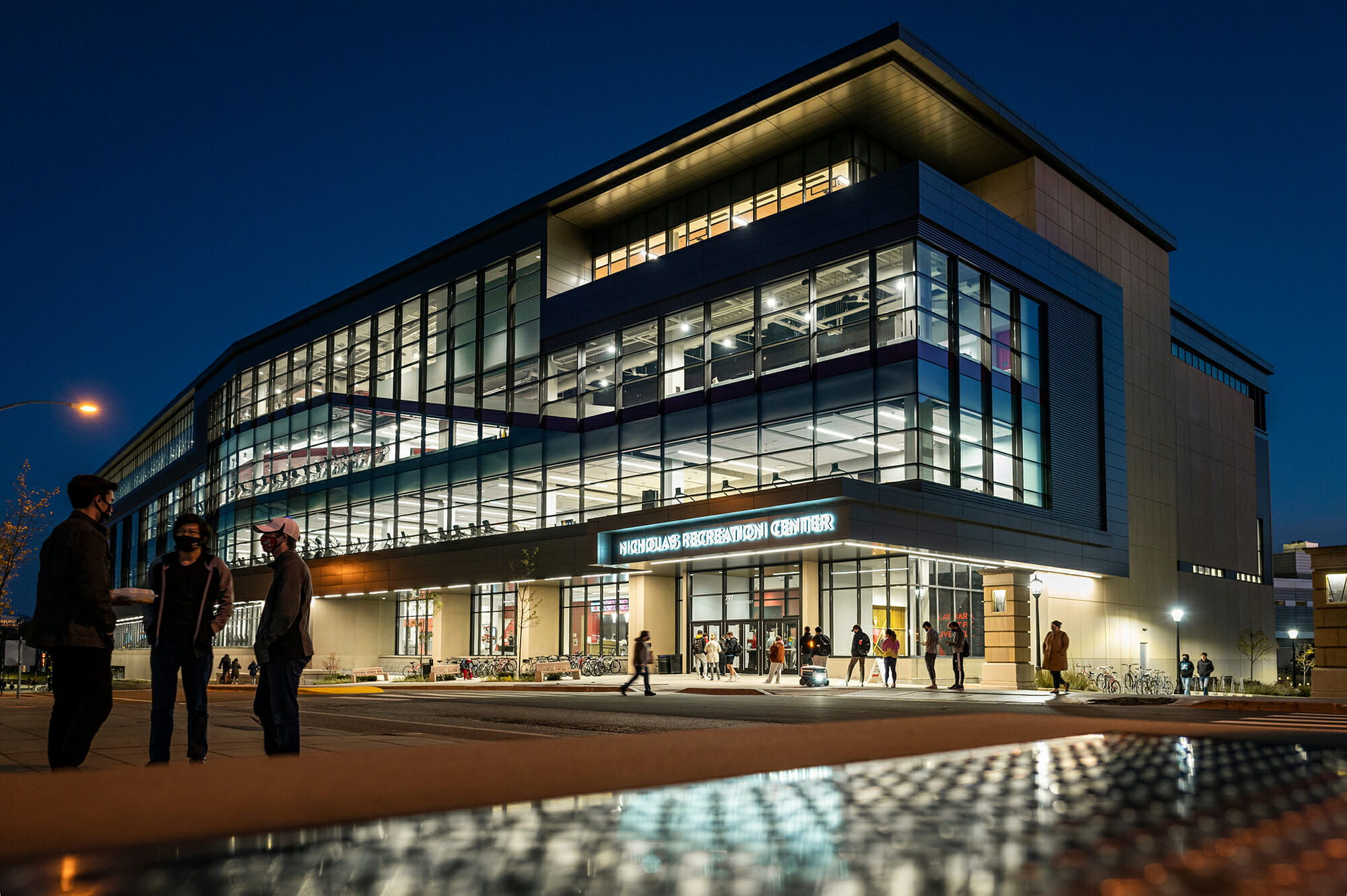 Evening exterior photo of the Nicholas Recreation Center