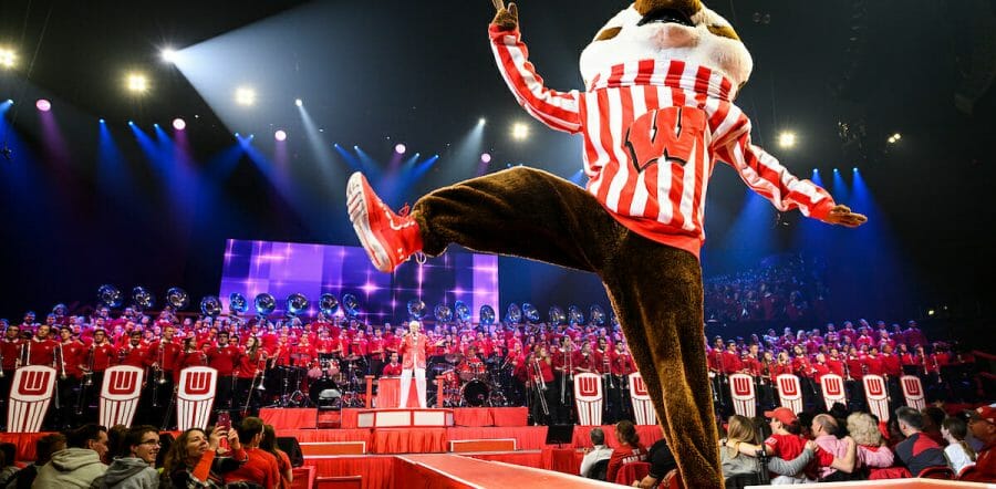 Bucky Badger dances on stage