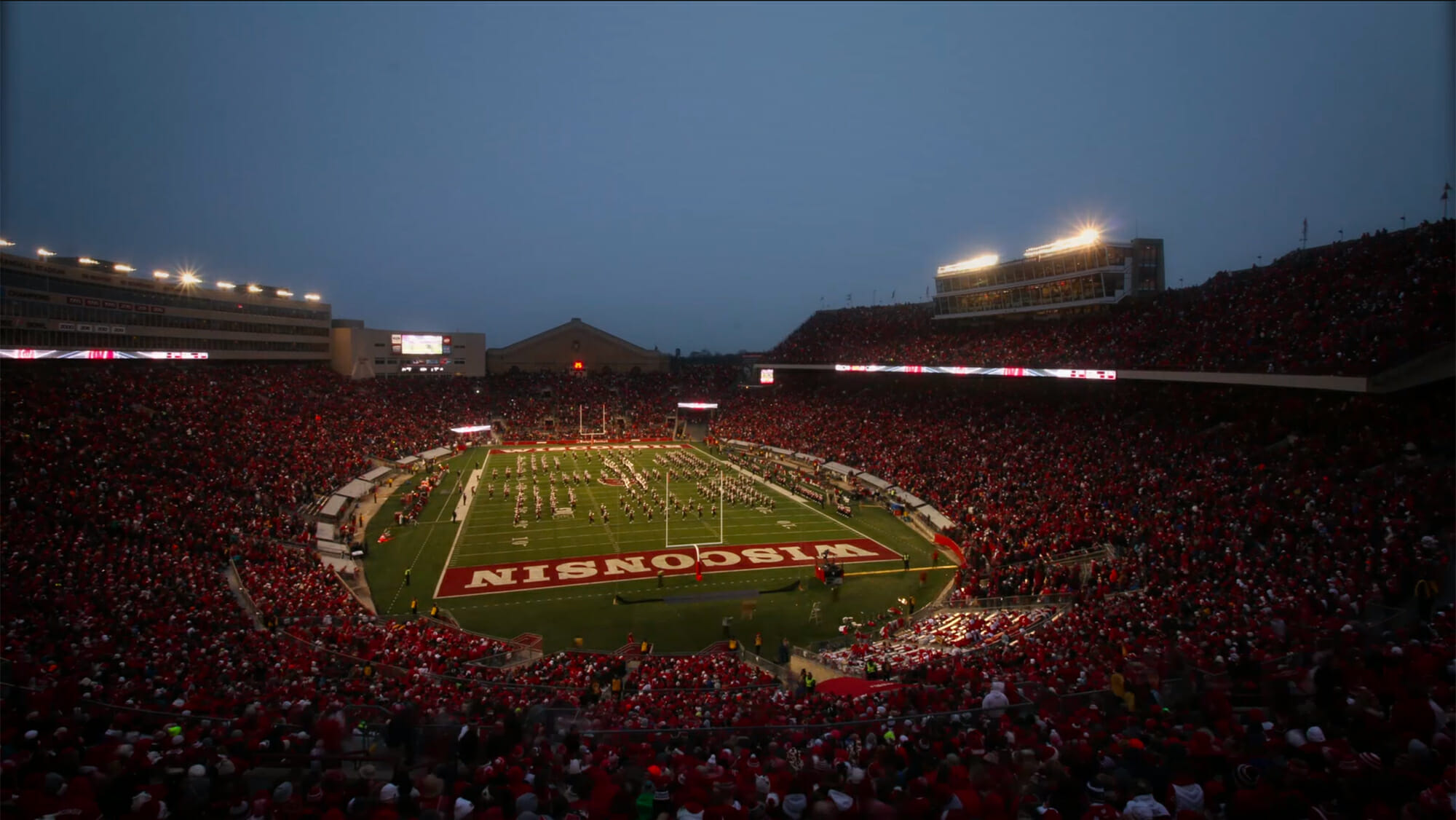 wide shot photograph of evening Badger football game at Camp Randall