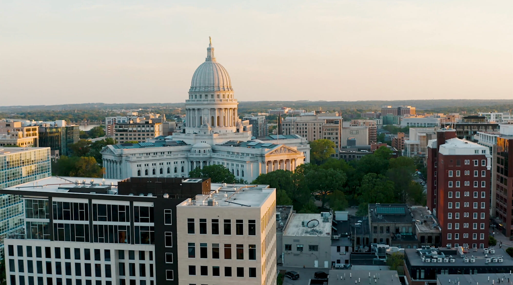 aerial view of the capitol and surrounding buildings in Madison